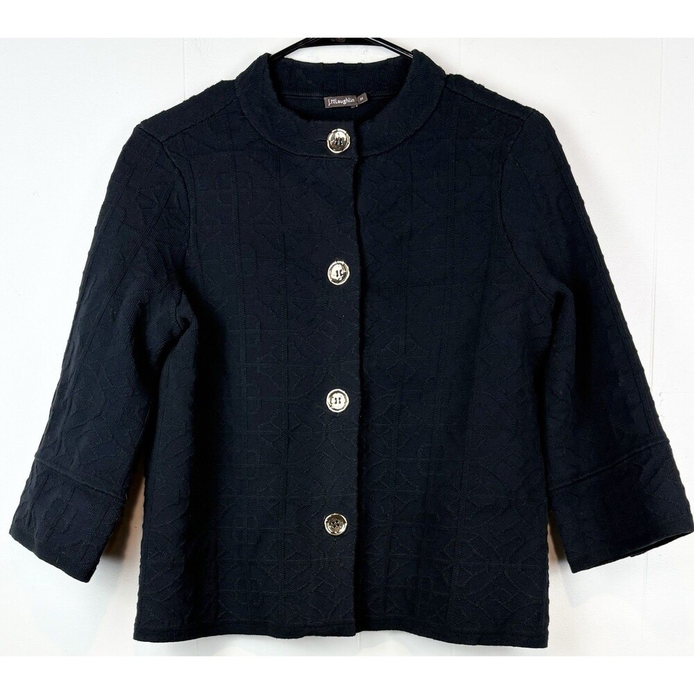 J. McLaughlin Women's sweater Cardigan Black Knit Brighton Bamboo 3/4 Sleeve Med